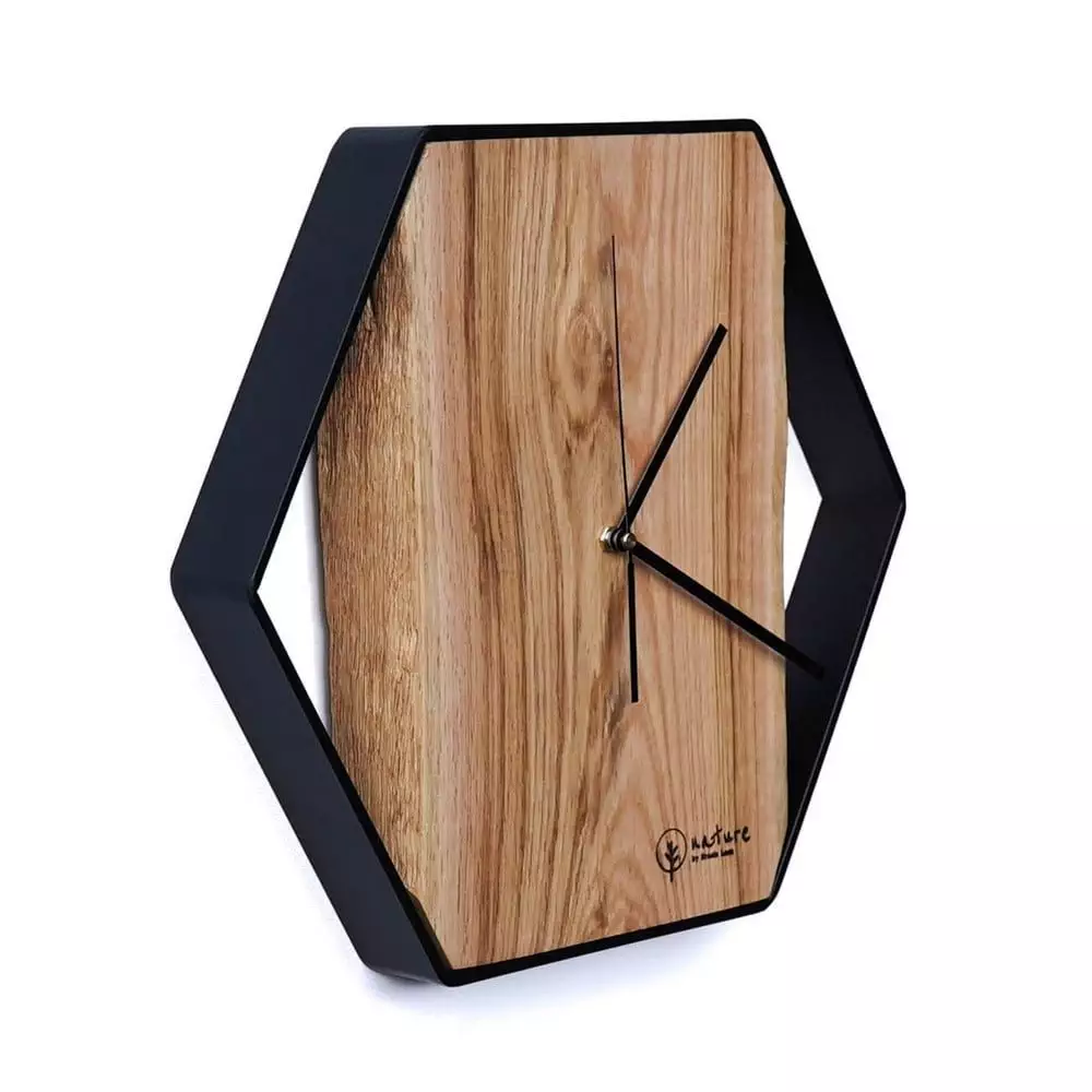 Sześciokątny zegar loftowy Time&Vertical (pionowy) 40 cm czarno-drewniany