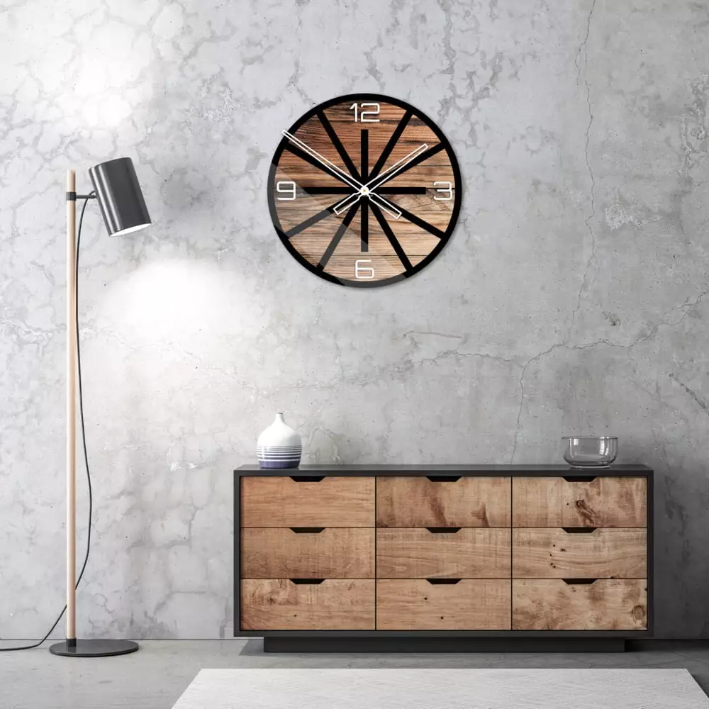 Okrągły szklany zegar ścienny Modern Wood X5 40 cm