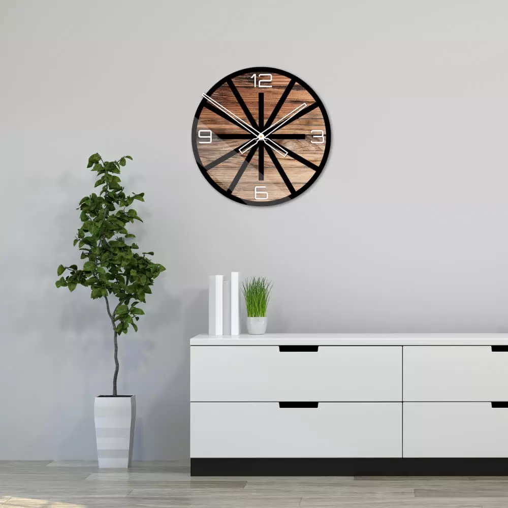 Okrągły szklany zegar ścienny Modern Wood X5 40 cm