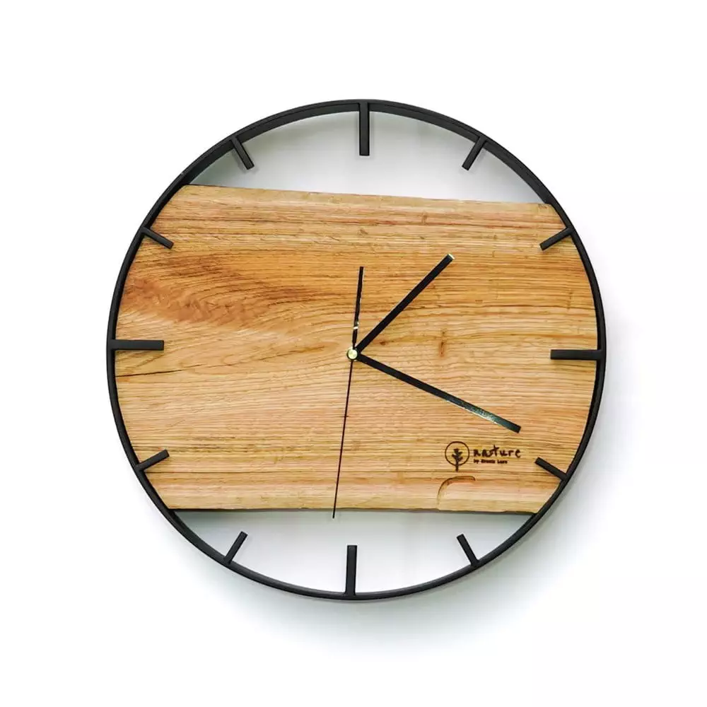 Okrągły zegar loftowy Time&Horizontal (poziomy) 40 cm czarno-drewniany