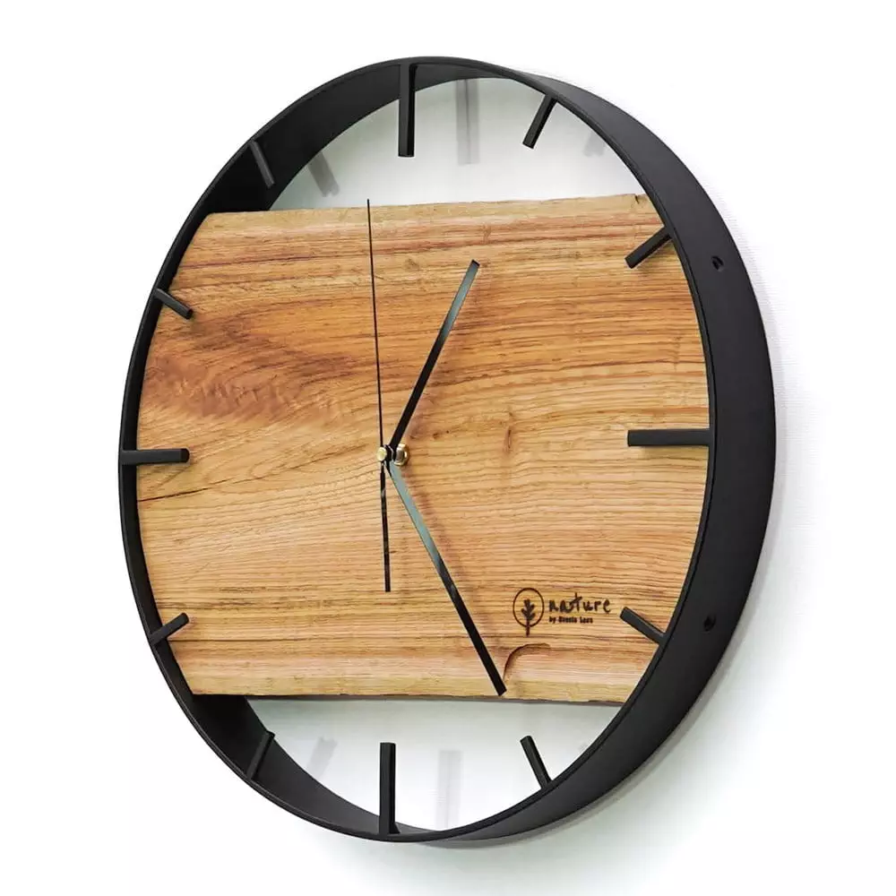 Okrągły zegar loftowy Time&Horizontal (poziomy) 40 cm czarno-drewniany