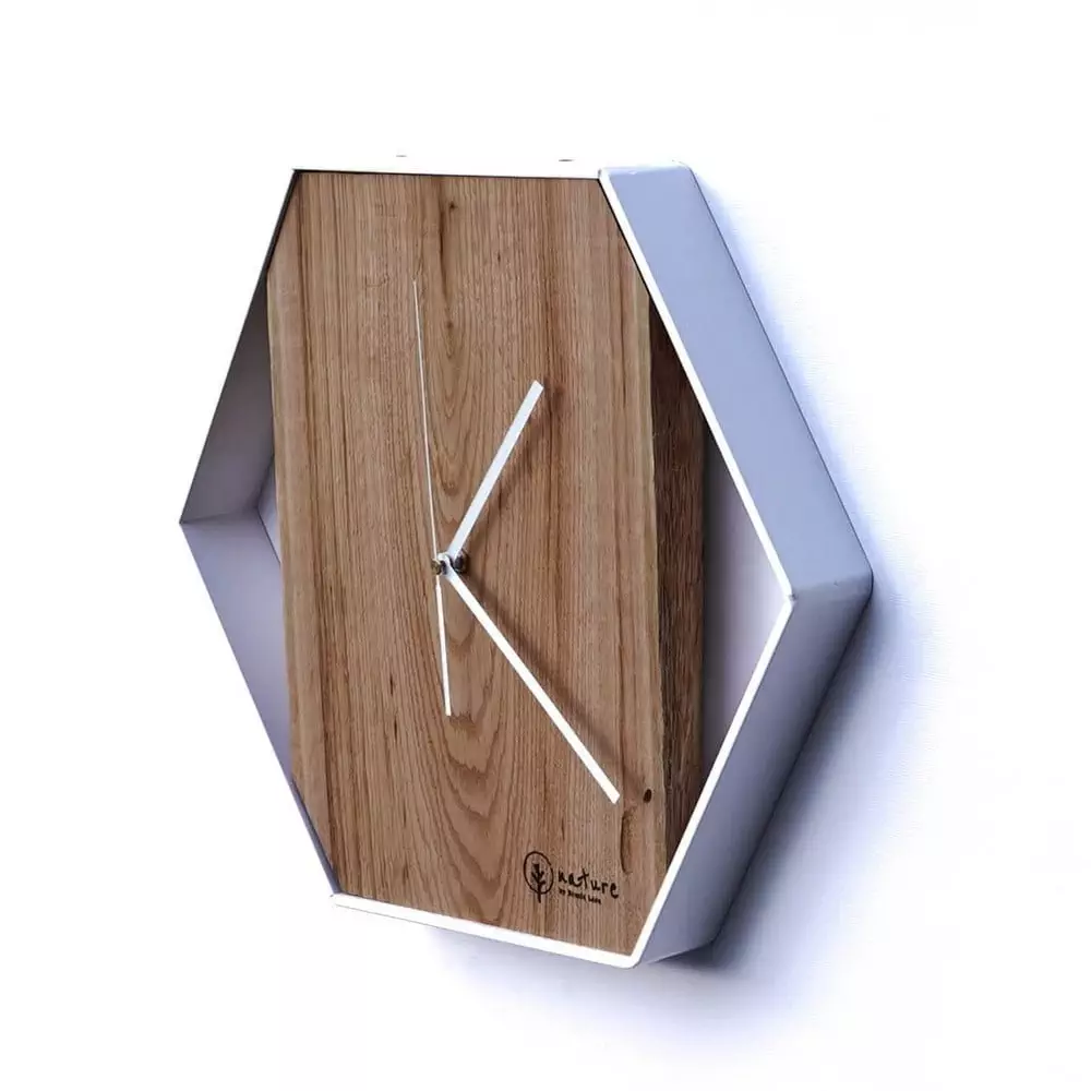 Sześciokątny zegar loftowy Time&Vertical (pionowy) 50 cm biało-drewniany