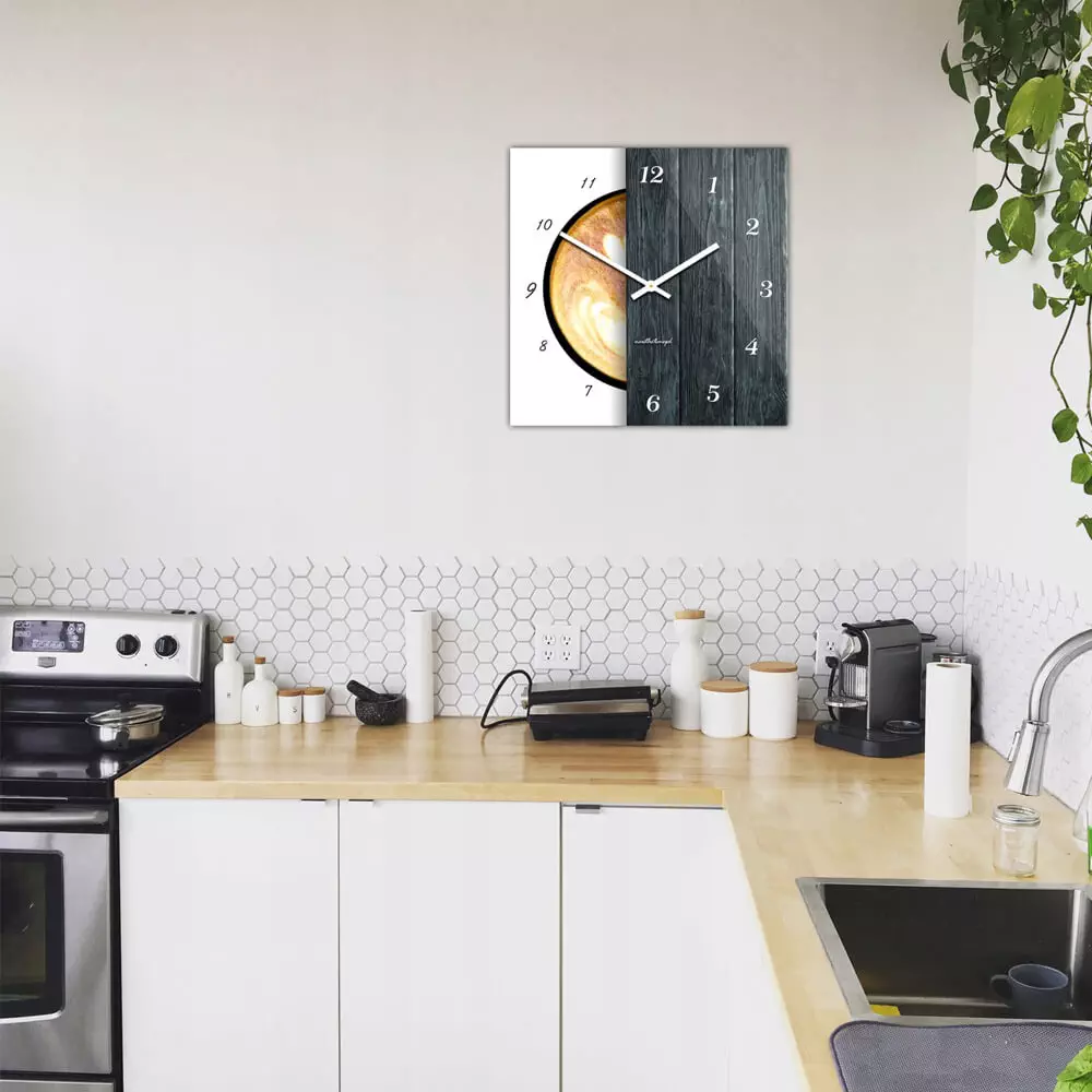Kwadratowy szklany zegar ścienny CoffeeDesk White 30 cm