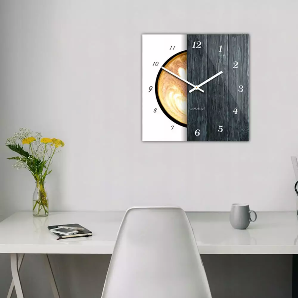 Kwadratowy szklany zegar ścienny CoffeeDesk White 30 cm